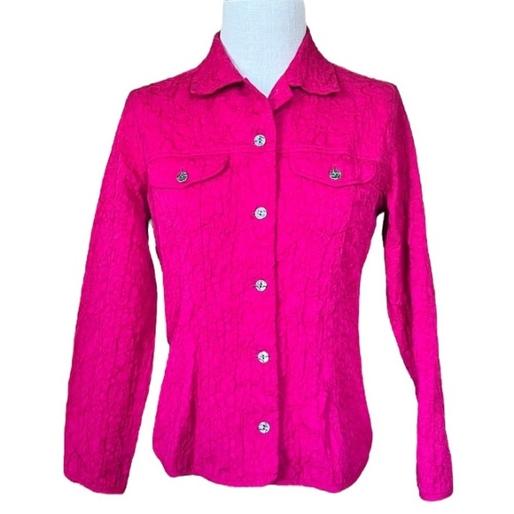 Chicos 0 Small Vibrant Pink Textured Blazer Jacket Artsy Bold Office Coastal - Picture 2 of 7
